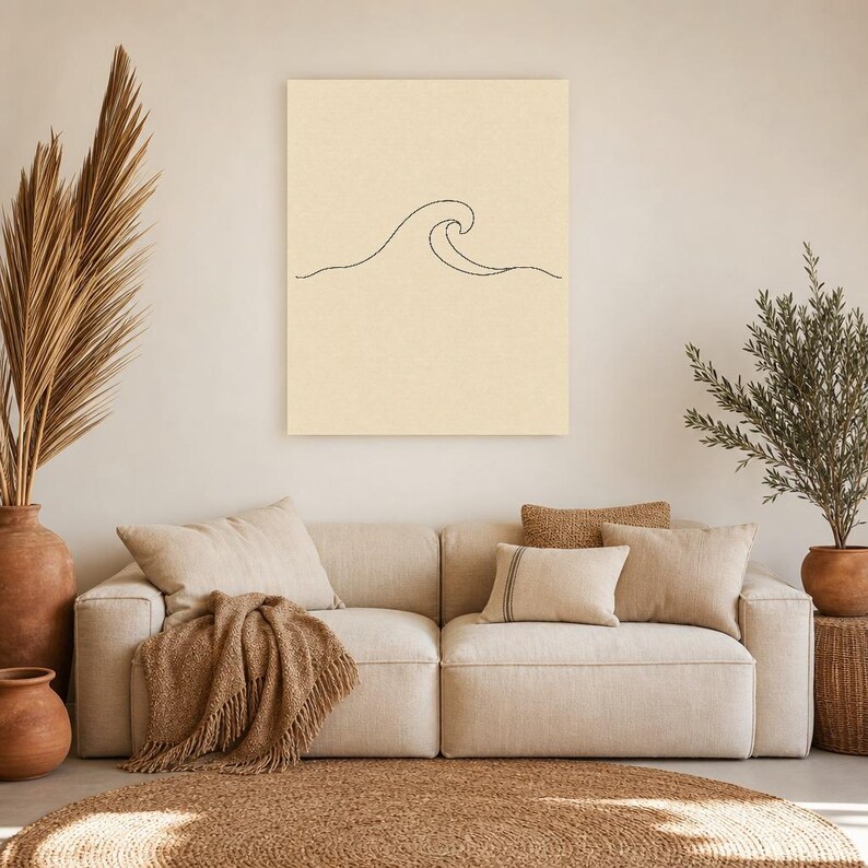 Väggkonsttryck med havsvågor på en linje | Minimalistisk linjekonsttryck | Abstrakt vågposter | Japandi beige kustdekor | Skandinavisk bild 7