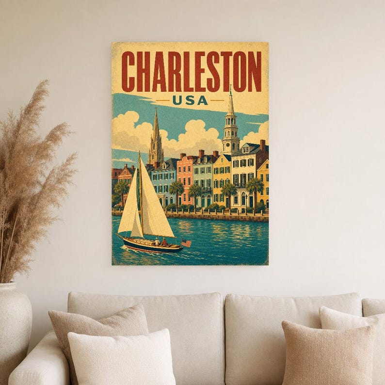 Póster turístico de Charleston | Lámina vintage de Rainbow Row de los años 50 | Arte mural retro de Carolina del Sur | Decoración de mediados de siglo imagen 4