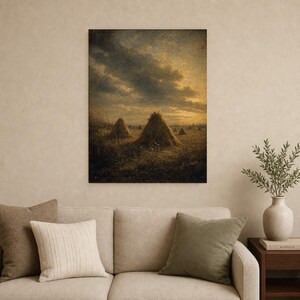 Moody Harvest Field Haystacks Wall Art Print | Vintage Oil Painting Print | Faded Golden Light Tonalist Decor | Antique Farm Poster image 9