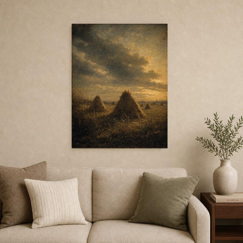 Moody Harvest Field Haystacks Wall Art Print | Vintage Oil Painting Print | Faded Golden Light Tonalist Decor | Antique Farm Poster image 9