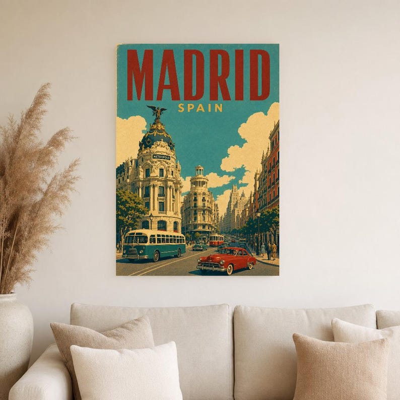 Póster de viaje de Madrid | Lámina vintage de la Gran Vía | Decoración de pared de España | Impreso y enviado imagen 4