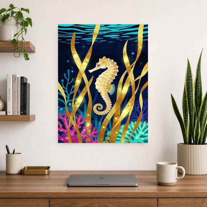 Biolumineszierendes Seepferdchen-Poster | Tiefsee-Ozean-Badezimmer-Wandkunstdruck | Dunkler Küstennachtdruck Bild 10