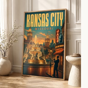 Póster turístico de Kansas City | Lámina vintage de las fuentes de jazz de los años 50 | Lámina decorativa de Missouri | Decoración urbana de mediados de siglo imagen 1