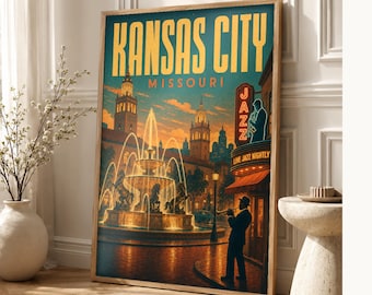 Kansas City Travel Poster | Vintage 1950s Jazz Fountains Print | Missouri Wall Art Print | Mid Century City Decor