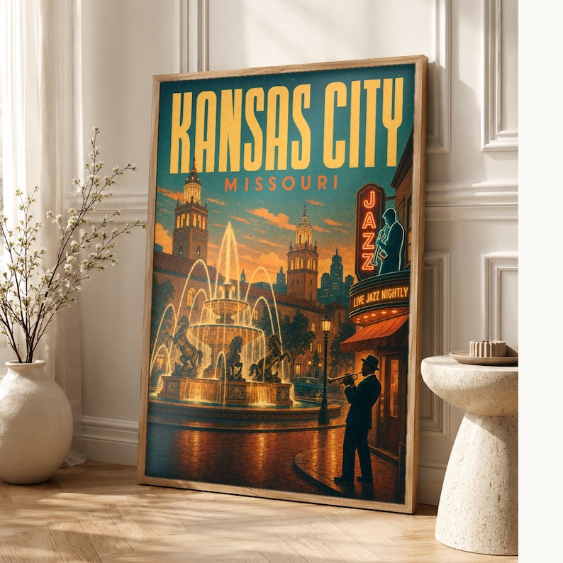 Póster turístico de Kansas City | Lámina vintage de las fuentes de jazz de los años 50 | Lámina decorativa de Missouri | Decoración urbana de mediados de siglo imagen 1