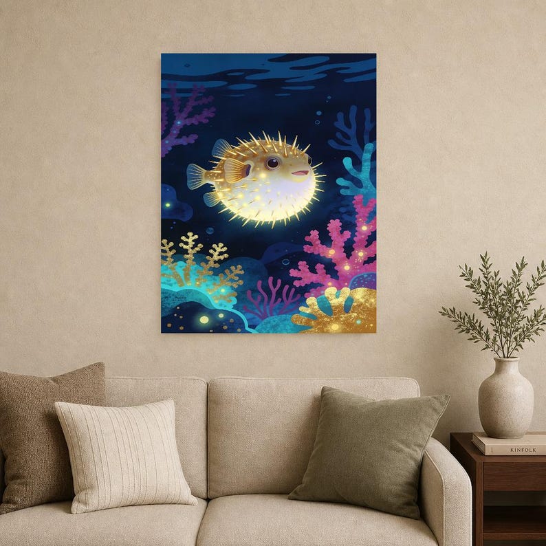 Bioluminescent Pufferfish Poster | Deep Sea Ocean Bathroom Wall Art Print | Dark Coastal Night Print image 12