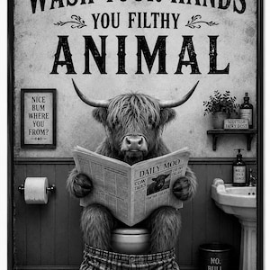Funny Highland Cow Bathroom Wall Art Print | Wash Your Hands Poster | Vintage Farmhouse Bathroom Print image 10