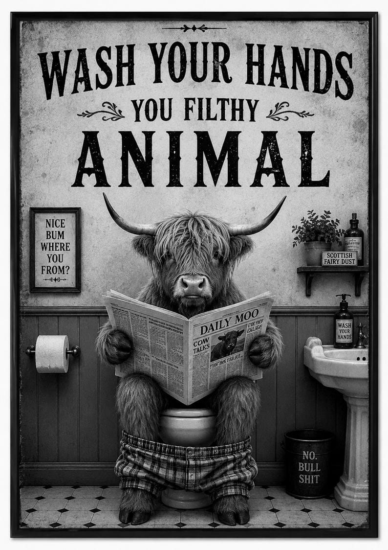 Funny Highland Cow Bathroom Wall Art Print | Wash Your Hands Poster | Vintage Farmhouse Bathroom Print image 10