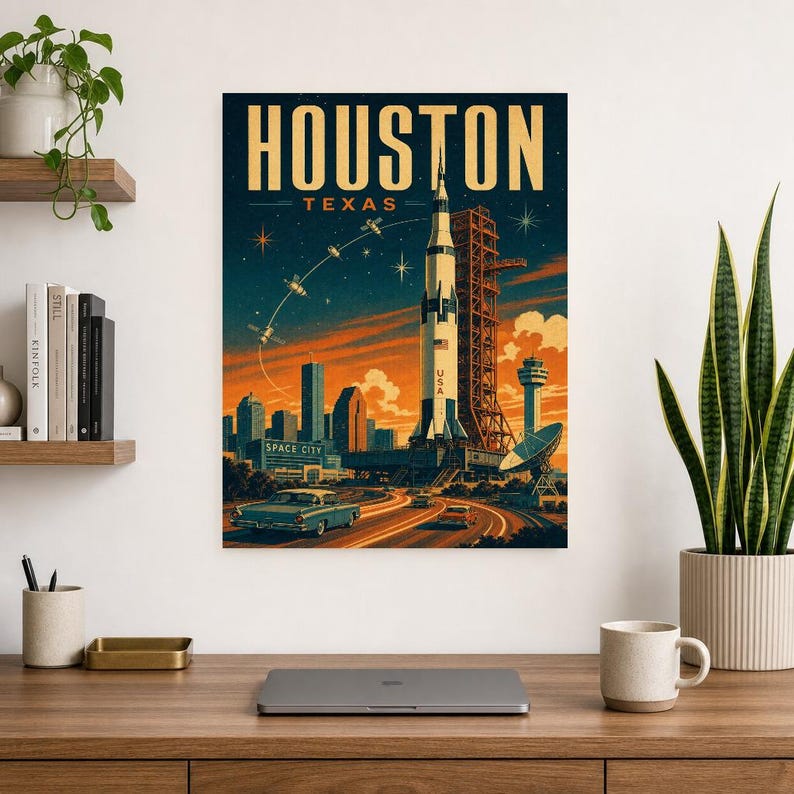 Houston Travel Poster | Vintage Space City Rocket Print | Texas Wall Art Print | Mid Century City Decor image 7