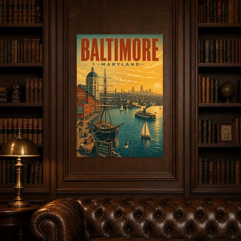 Póster turístico de Baltimore | Lámina vintage del Inner Harbor de los años 50 | Lámina decorativa de Maryland | Decoración urbana de mediados de siglo imagen 4