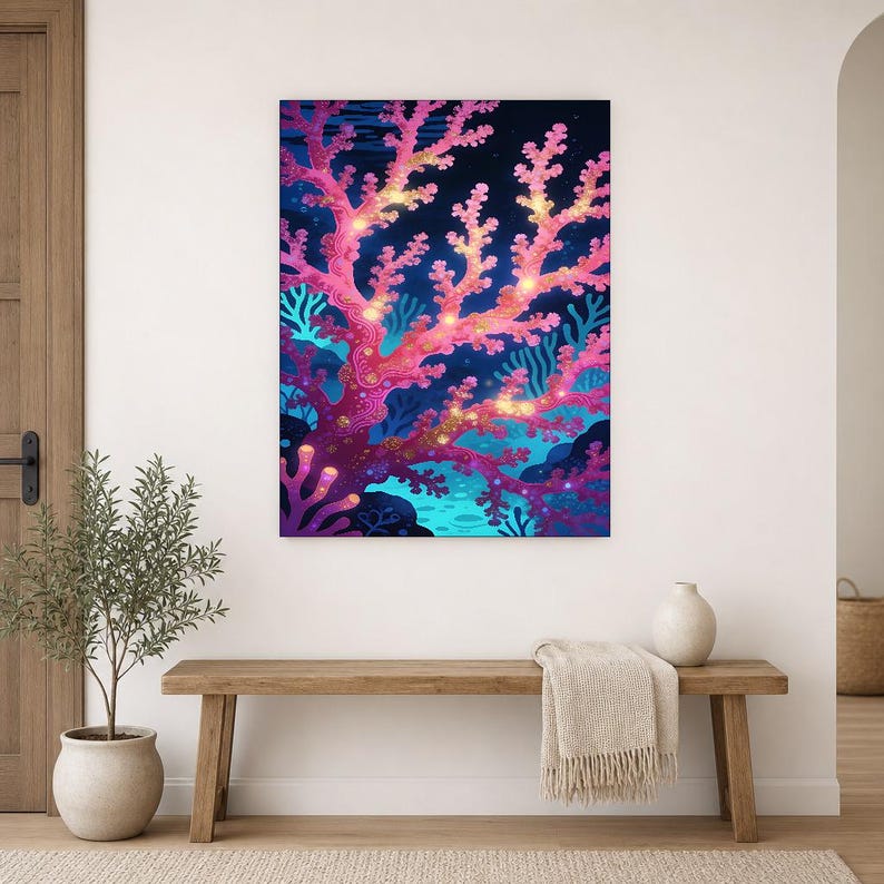 Bioluminescent Coral Reef Poster | Deep Sea Ocean Bathroom Wall Art Print | Dark Coastal Night Print image 14