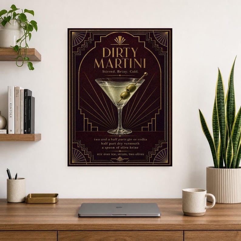 Olive Green Art Deco Dirty Martini Recipe Wall Art Print | Gold Cocktail Recipe Poster | Bar Cart Decor Print | Kitchen Wall Art image 8