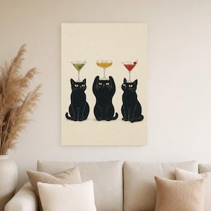 Black Cat Cocktail Wall Art Print | Martini Trio Poster | Bar Cart Print | Quirky Black Cat Club Lounge Decor image 4