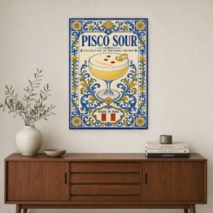 Pisco Sour Cocktail Tile Wall Art Print | Peru National Drink Poster | Azulejo Bar Cart Print | Maiolica Kitchen Decor image 2