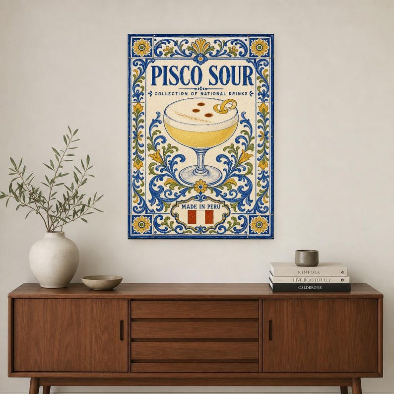 Pisco Sour Cocktail Tile Wall Art Print | Peru National Drink Poster | Azulejo Bar Cart Print | Maiolica Kitchen Decor image 2