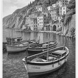 Cinque Terre Wall Art Print | Italian Fishing Boats Poster | Riviera Cove Travel Print | Vintage Dolce Vita Decor | Mediterranean Sea Art image 10