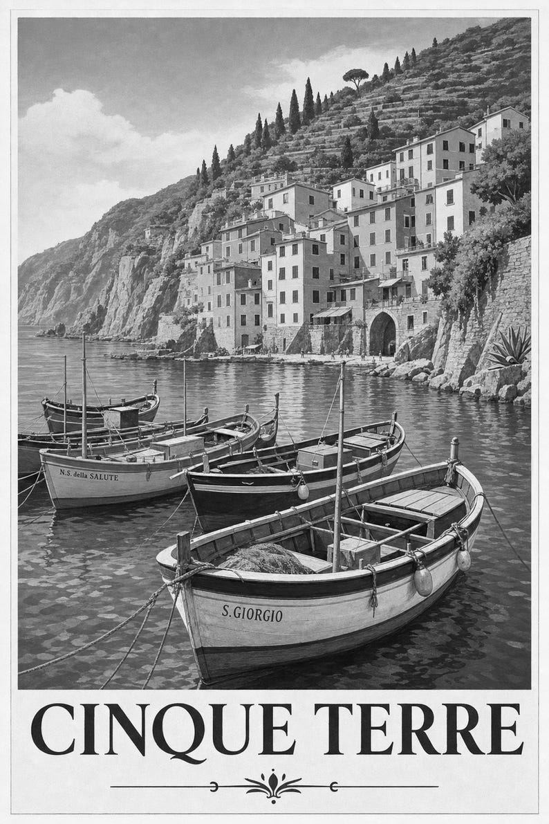 Cinque Terre Wall Art Print | Italian Fishing Boats Poster | Riviera Cove Travel Print | Vintage Dolce Vita Decor | Mediterranean Sea Art image 10