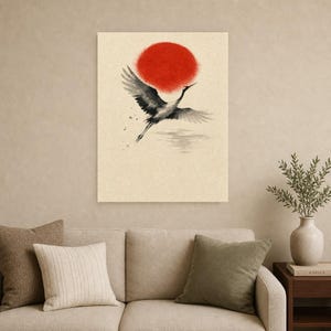 Red Sun Japandi Wall Art Print | Sumi-e Ink Crane Print | Wabi Sabi Living Room Poster image 9