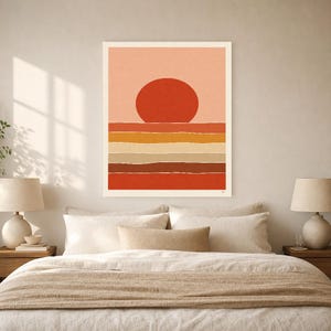 Väggkonsttryck med bränd röd sol i öknen | Minimalistisk terrakottaposter | Soltryck i papper från mitten av århundradet | Boho-inredning bild 6
