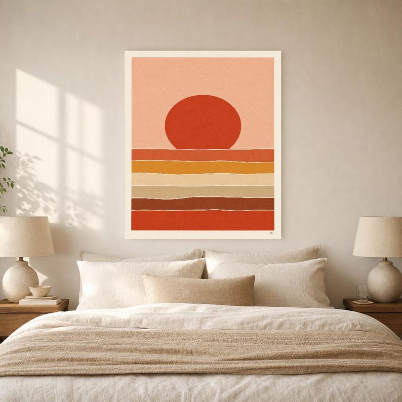 Väggkonsttryck med bränd röd sol i öknen | Minimalistisk terrakottaposter | Soltryck i papper från mitten av århundradet | Boho-inredning bild 6