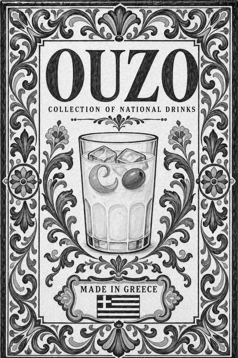 Ouzo cocktail tegel kunst aan de muur | Nationale drankposter van Griekenland | Azulejo Barwagen afdrukken | Maiolica keukendecor afbeelding 10