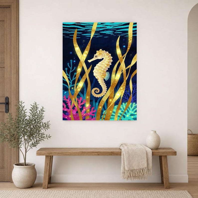 Biolumineszierendes Seepferdchen-Poster | Tiefsee-Ozean-Badezimmer-Wandkunstdruck | Dunkler Küstennachtdruck Bild 14