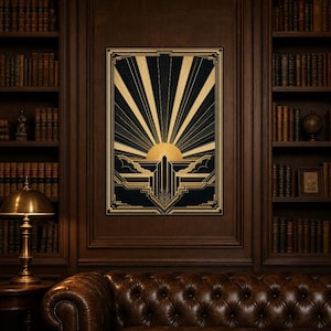 Impresión artística de pared Art Déco Sunburst | Póster geométrico negro dorado | Decoración de pared estilo Neo Deco Gatsby | Elegante esta imagen 5