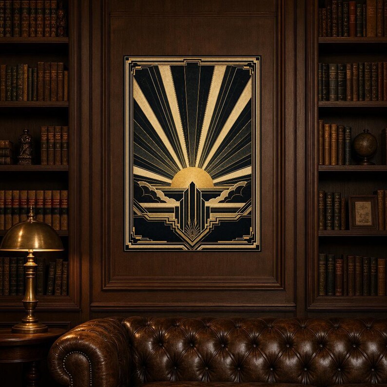 Impresión artística de pared Art Déco Sunburst | Póster geométrico negro dorado | Decoración de pared estilo Neo Deco Gatsby | Elegante esta imagen 5