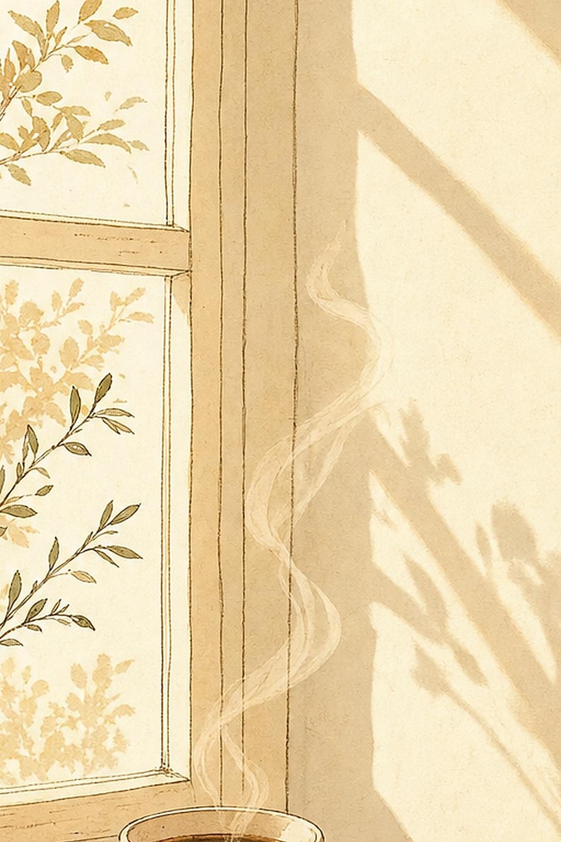 Slow Living Wall Art Print | Morning Coffee Window Poster | Cozy Kitchen Art | Warm Minimal Hand Drawn Wall Decor image 3