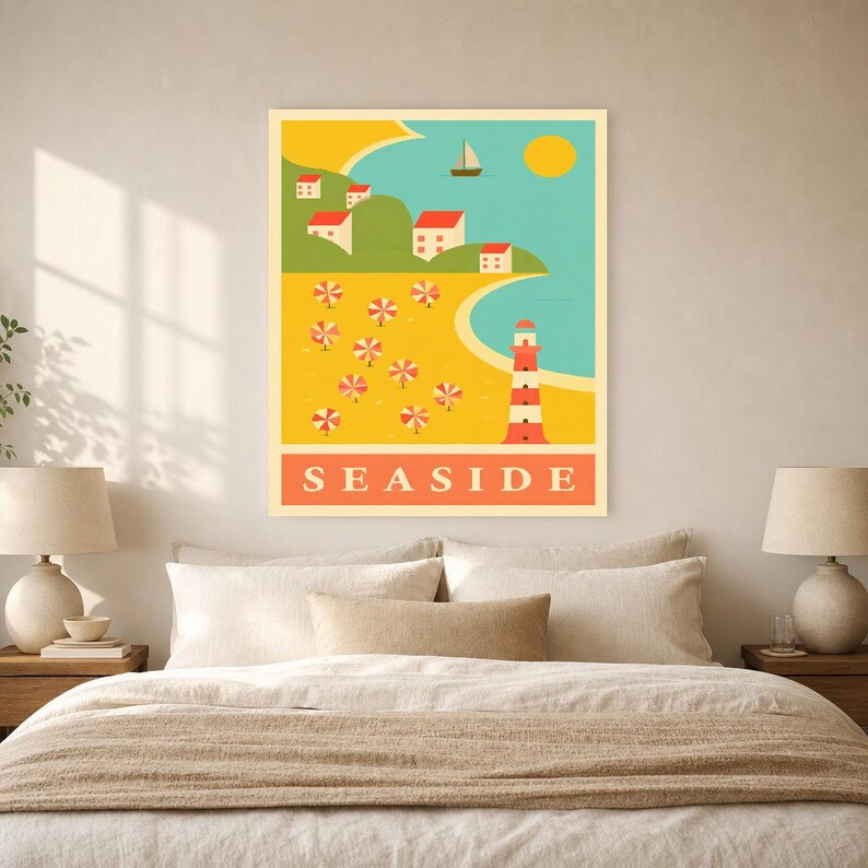 Zestaw grafik ściennych „Saffron Coastal Travel” | Plakat retro z plażą | Wydruk w galerii Seaside zdjęcie 6