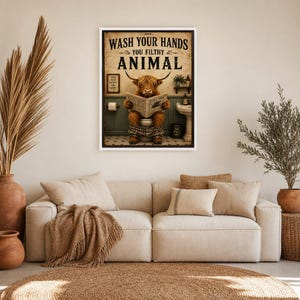 Funny Highland Cow Bathroom Wall Art Print | Wash Your Hands Poster | Vintage Farmhouse Bathroom Print image 7