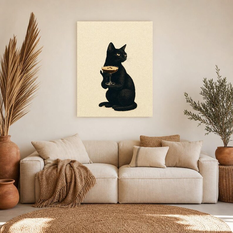 Black Cat Martini Wall Art Print | Espresso Martini Poster | Bar Cart Print | Quirky Black Cat Club Kitchen Decor image 7