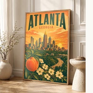 Pôster de viagem de Atlanta | Impressão vintage do horizonte da Geórgia | Arte de parede impressa da Geórgia | Decoração urbana de meados do século imagem 1