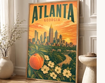 Atlanta Travel Poster | Vintage Peach State Skyline Print | Georgia Wall Art Print | Mid Century City Decor