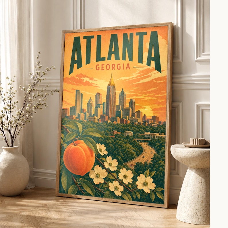 Pôster de viagem de Atlanta | Impressão vintage do horizonte da Geórgia | Arte de parede impressa da Geórgia | Decoração urbana de meados do século imagem 1