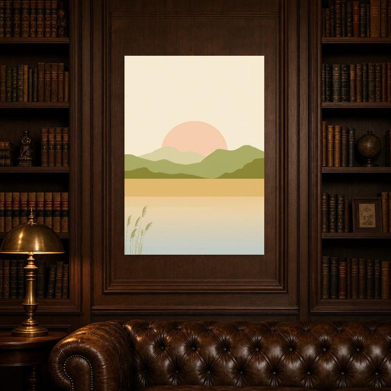 Cuadro decorativo de atardecer en la montaña verde salvia | Póster minimalista de paisaje zen | Lámina para salón con ambiente tranquilo y natural imagen 4