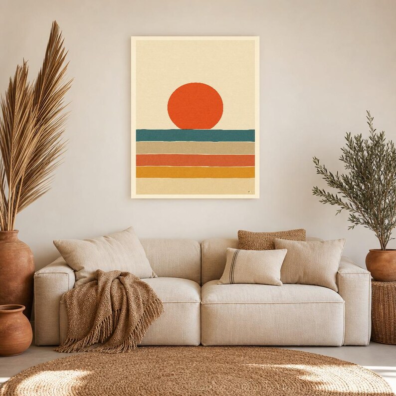 Vermillion Sun Aegean Sea Wall Art Print | Mid-Century Sun Poster | Cut-Paper Minimalist Print | Teal Cream Boho Decor image 7