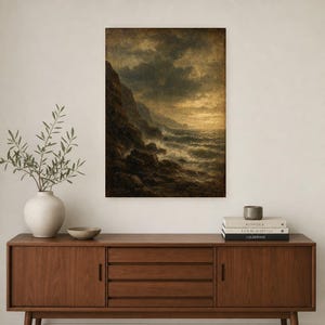 Moody Stormy Rocky Coast Wall Art Print | Vintage Oil Painting Print | Dramatic Seascape Tonalist Decor | Antique Cliff Poster image 2