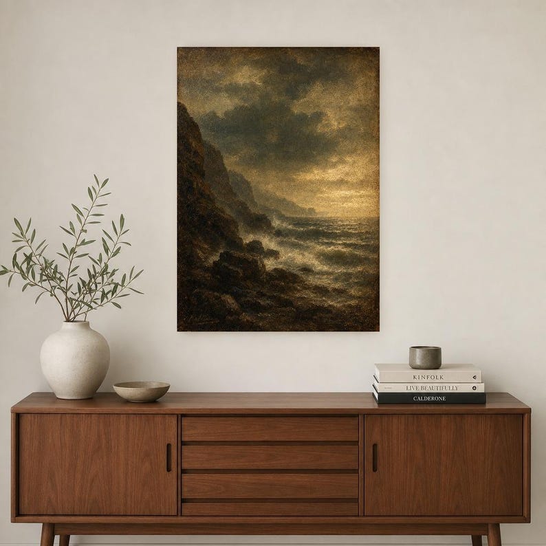 Moody Stormy Rocky Coast Wall Art Print | Vintage Oil Painting Print | Dramatic Seascape Tonalist Decor | Antique Cliff Poster image 2