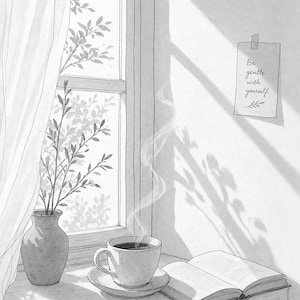Slow Living Wall Art Print | Morning Coffee Window Poster | Cozy Kitchen Art | Warm Minimal Hand Drawn Wall Decor image 10