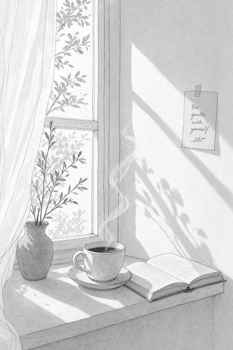 Slow Living Wall Art Print | Morning Coffee Window Poster | Cozy Kitchen Art | Warm Minimal Hand Drawn Wall Decor image 10