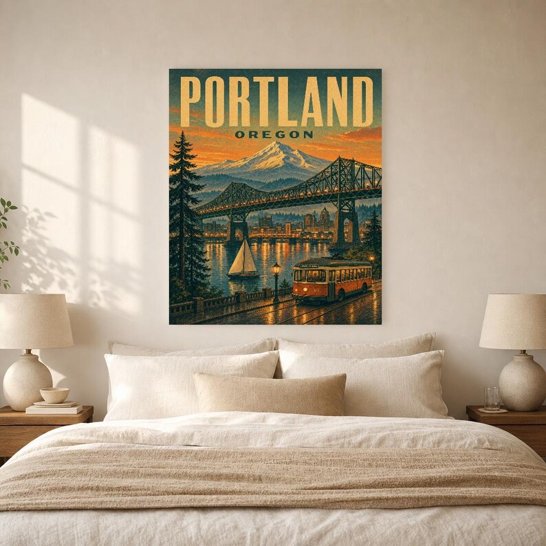 Portland Travel Poster | Vintage Mt Hood Bridge Print | Oregon Wall Art Print | Mid Century City Decor image 5