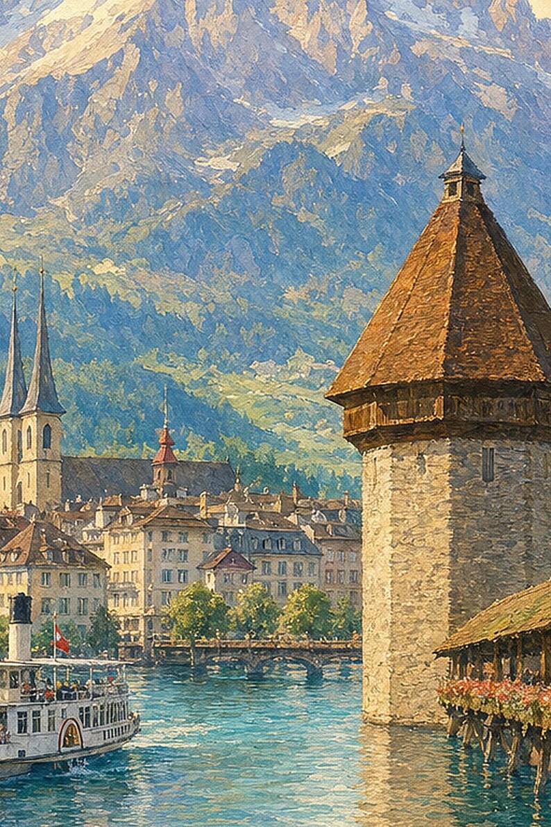 Reiseposter Vierwaldstättersee | Wandbild Schweiz (weiche Malerei) | Kunstdruck eines Sees in den Schweizer Alpen | Gedruckt & Versand Bild 3
