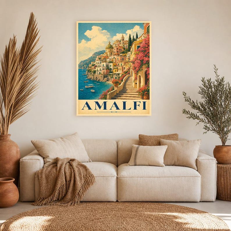 Amalfi Coast Wall Art Print | Italian Village Travel Poster | Positano Pastel Houses Print | Vintage Dolce Vita Decor | Mediterranean Art image 7