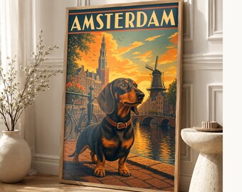 Your Dog in Amsterdam | Custom Pet Portrait From Photo | Personalized Dog Cat Travel Poster Gift | Vintage Wall Art