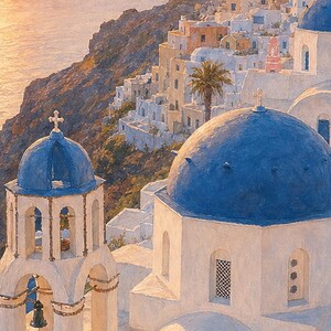 Póster de viaje de Santorini | Pintura suave para pared sobre Grecia | Lámina costera de las cúpulas azules de Oia | Impreso y enviado imagen 3