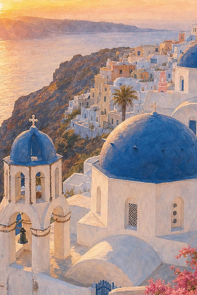 Póster de viaje de Santorini | Pintura suave para pared sobre Grecia | Lámina costera de las cúpulas azules de Oia | Impreso y enviado imagen 3