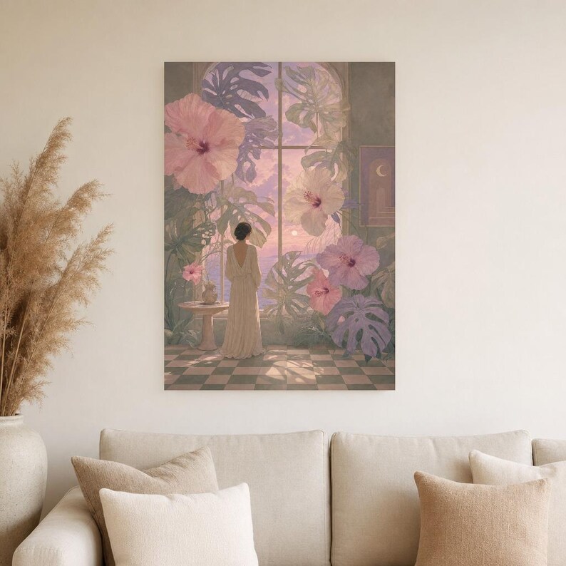 Surreal Botanical Wall Art Print | Dreamscape Flower Window Poster | Soft Surrealism Art | Pink Lavender Sage Wall Decor image 4