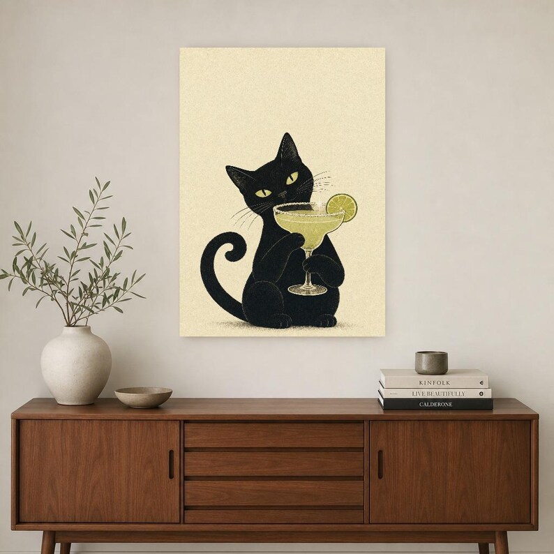 Arte de pared Margarita de gato negro | Cartel de cóctel de lima | Impresión del carrito de la barra | Decoración divertida del bar Noir Cat imagen 2