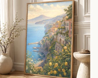 Sorrento Travel Poster | Soft Painting Italy Wall Art | Bay of Naples Coastal Print | Printed & Shipped
